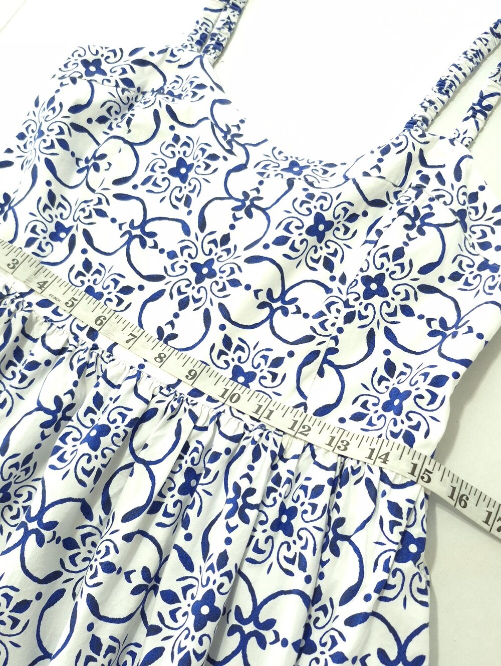 J.CREW Tile Print Midi Sundress Size 10 Blue White Cotton Smocked Tiered Pockets - Picture 14 of 16